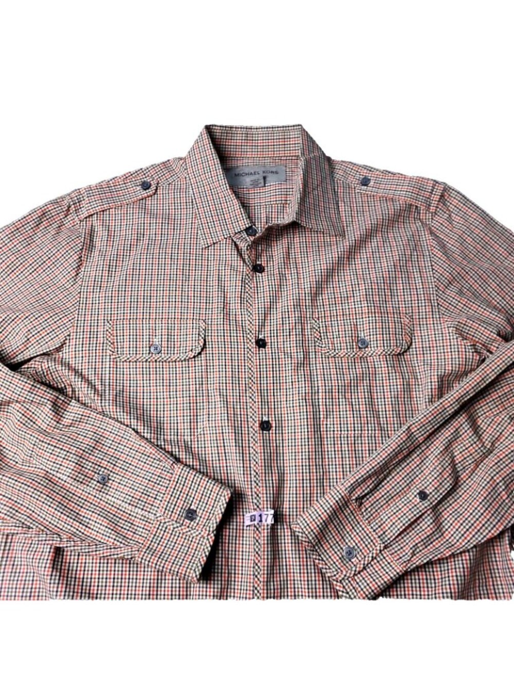 MICHAEL KORS Shirt Mens L Large Long Sleeve Multicolor Plaid Button Strap Pocket